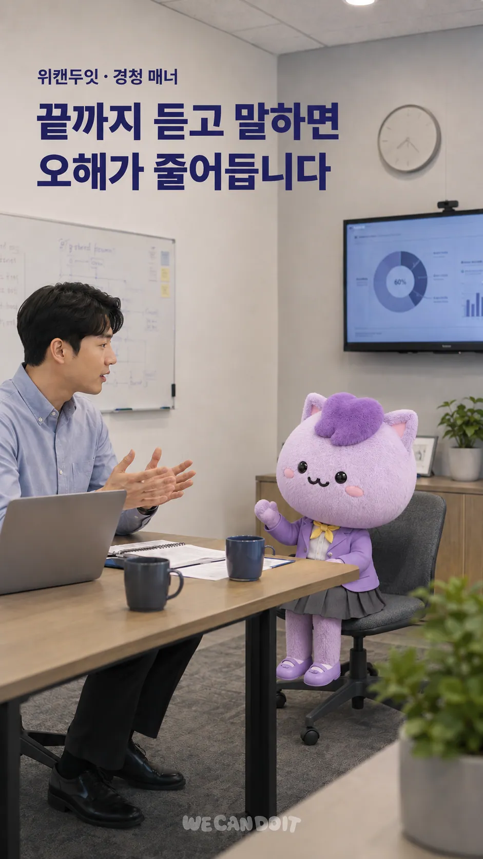 끝까지 듣고 말하면 오해가 줄어듭니다 — 경청 매너 에티켓 포스터
