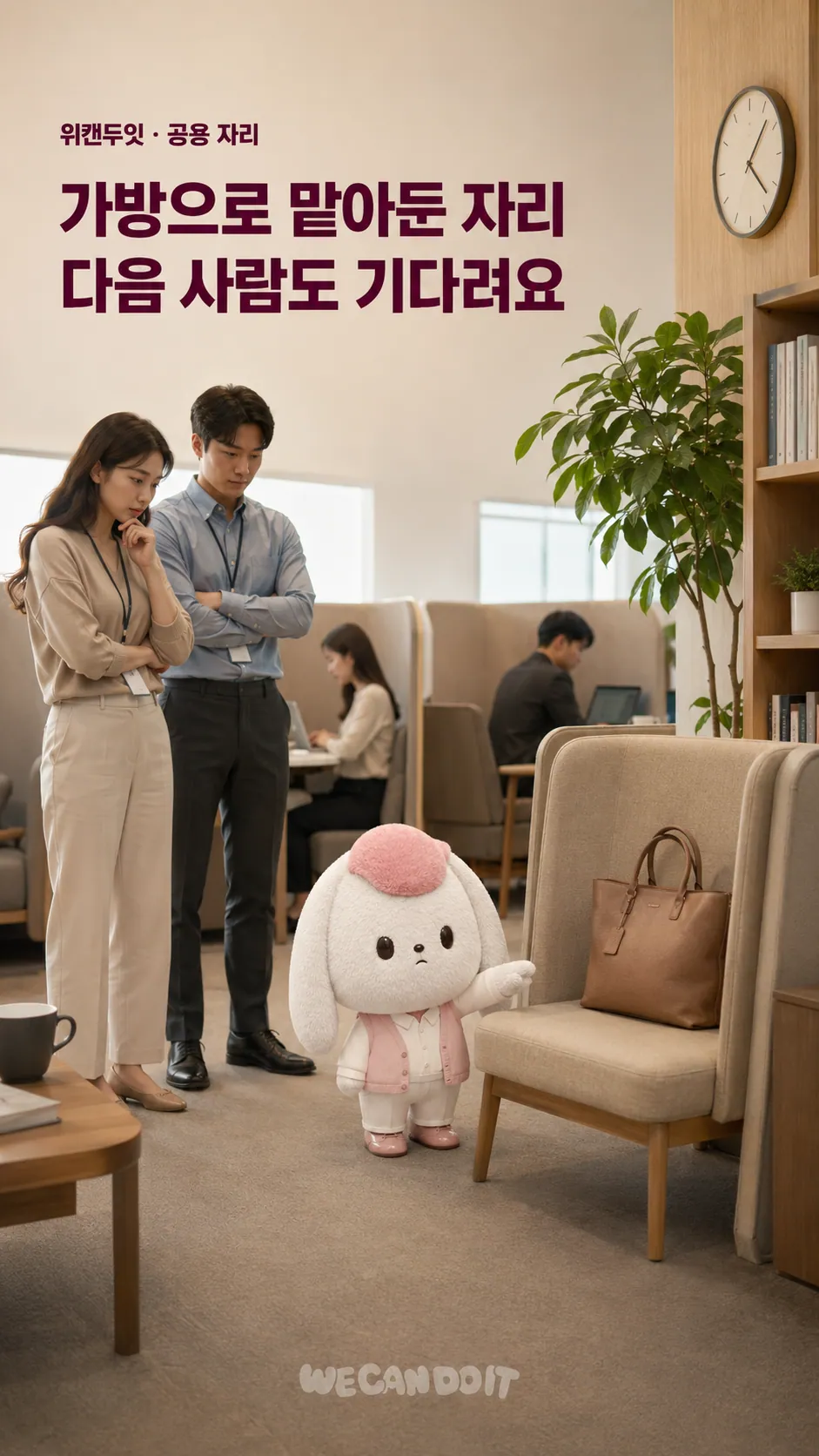 가방으로 맡아둔 자리, 다음 사람도 기다려요 — 공용 자리 매너 에티켓 포스터
